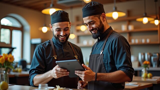 Two restaurant workers using a touchscreen tablet together Muslim business. Authentic Arabian style.
