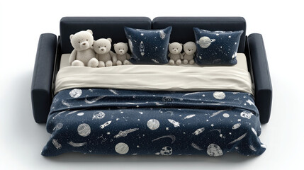 A sofa bed with space themed bedding and teddy bears sitting on top against a white background
