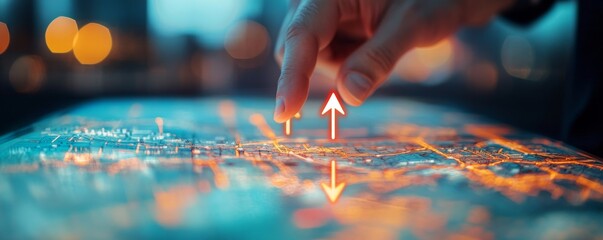Digital Strategy Finger points to arrow on glowing map interface, innovation , technology