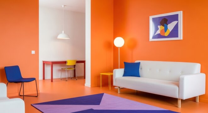 A vibrant living space showcases a white sofa with a blue pillow, complemented by colorful furniture, a geometric rug, and an abstract art piece against an orange wall.
