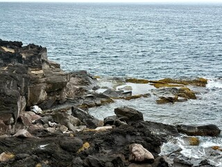 view of a rocky and wild coast of Guadeloupe on a cloudy day
