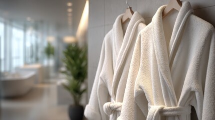Relaxing White Bathrobes in a Bathroom. Two fluffy white bathrobes hang in a clean, modern bathroom setting, ready for relaxation. The focus is on the robes in front of a blurred spa-like background