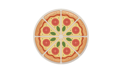 Modern vector illustration of a pizza with tomatoes and basil leaves, a tasty sliced pizza set, a piece of margherita with tomato, easily editable and scalable.