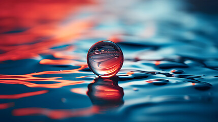 Colorful water droplet reflecting vibrant patterns on a calm surface at sunset