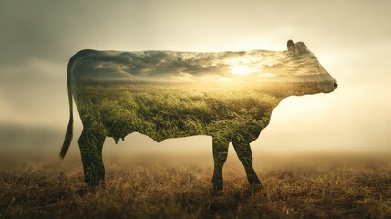 A creative double exposure of a cow with a lush landscape and sunrise imagery.