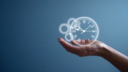 Hand holding glowing clock face with gears against blue background time