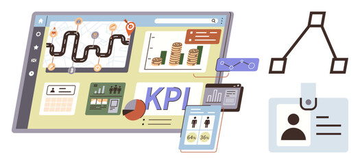 Analytics on screen with growth charts, financial metrics, workflow, profile ID, and hierarchy diagram. Ideal for business strategy, data tracking, HR, productivity workflow analysis
