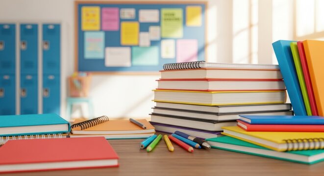 Colorful books and notebooks are stacked on a desk in a classroom, creating a vibrant and organized scene perfect for educational or back-to-school themes.