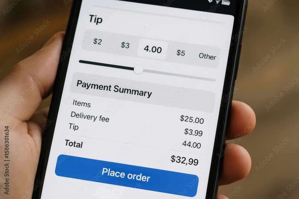Aufkleber hand holding smartphone displaying mobile payment app interface with tip selection and order summary