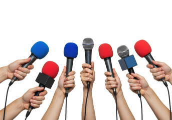 Multiple caucasian human hands gripping professional dynamic microphones with blue, red, and black/grey windscreens, wires extending downwards, on a transparent studio background with copy space