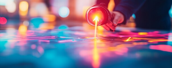 Glowing Arrow Hand Points Path with Light Over Network Map, Technology ,Future