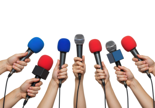 Multiple caucasian human hands gripping professional dynamic microphones with blue, red, and black/grey windscreens, wires extending downwards, on a transparent studio background with copy space