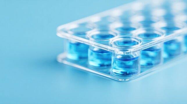 drone-style top-down of multi-well plate showing cell viability assay in progress