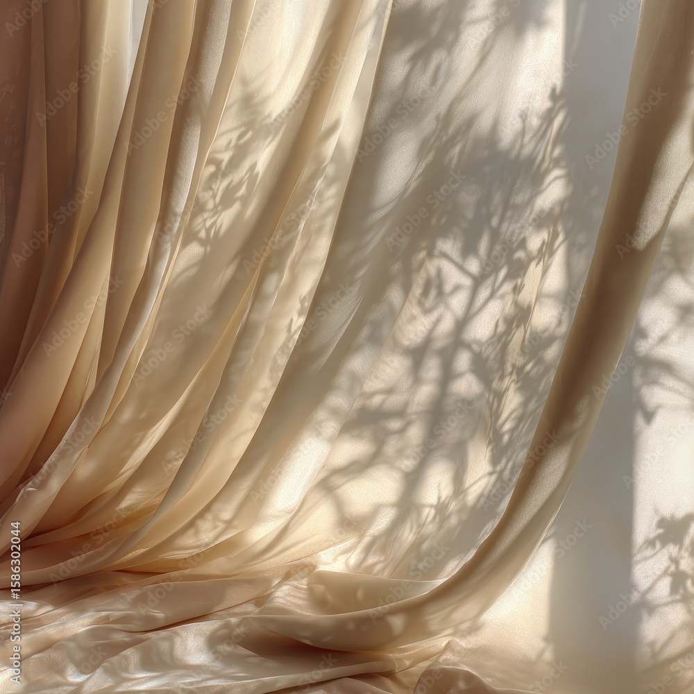 Aufkleber light filters through silk curtains, casting intricate shadows of leaves, creating a soft and elegan