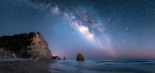 Midnight summer beach landscape showcasing the stunning Milky Way Generative AI