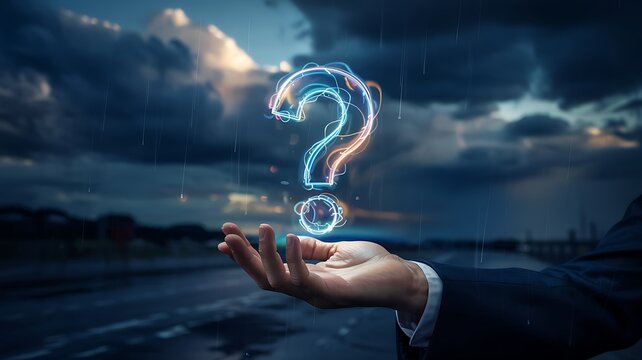 Hand holding glowing question mark against stormy sky with rain symbol