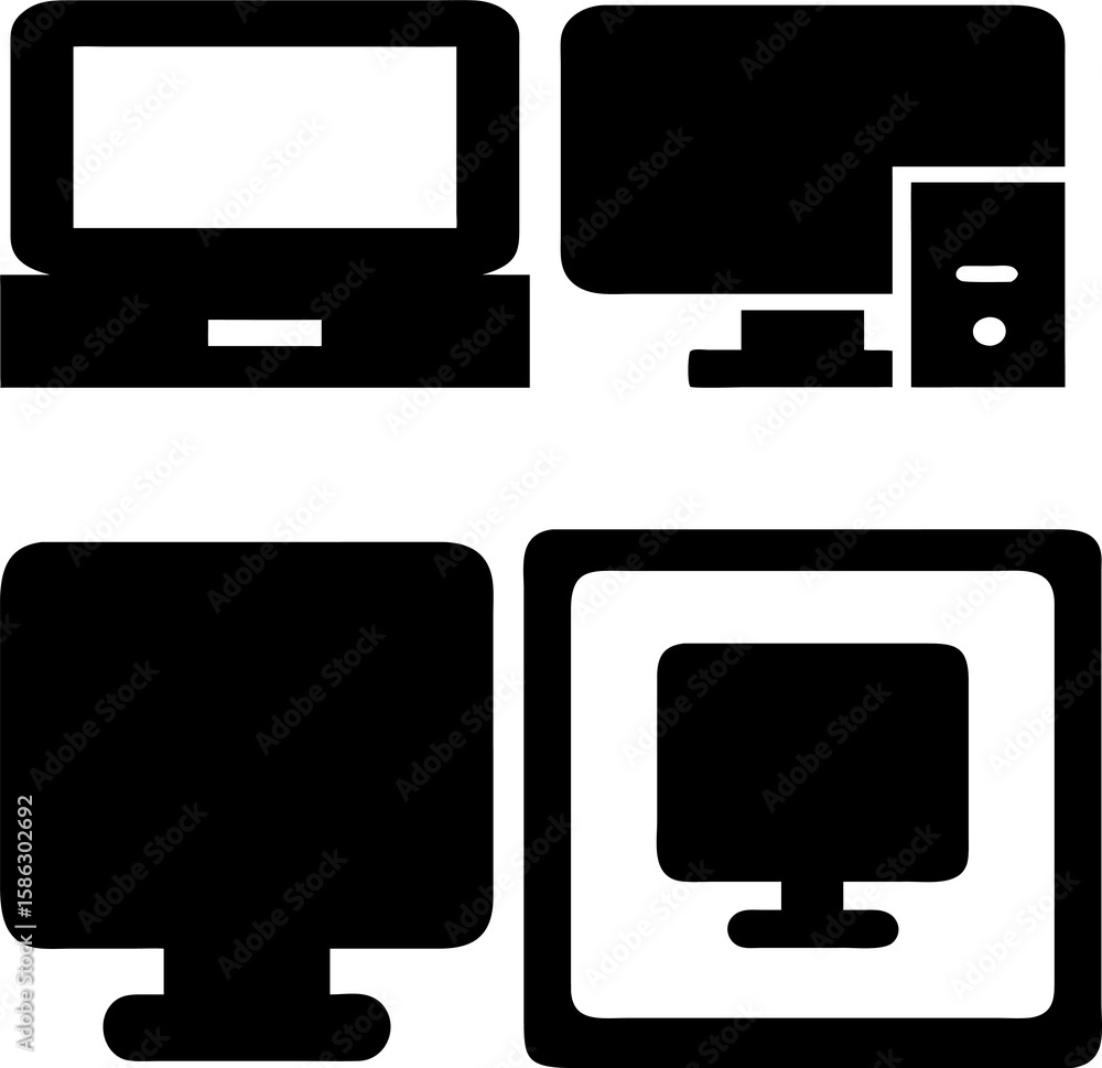 Poster computer screen and monitor vector icon pack in flat design for apps, dashboards, and web design.