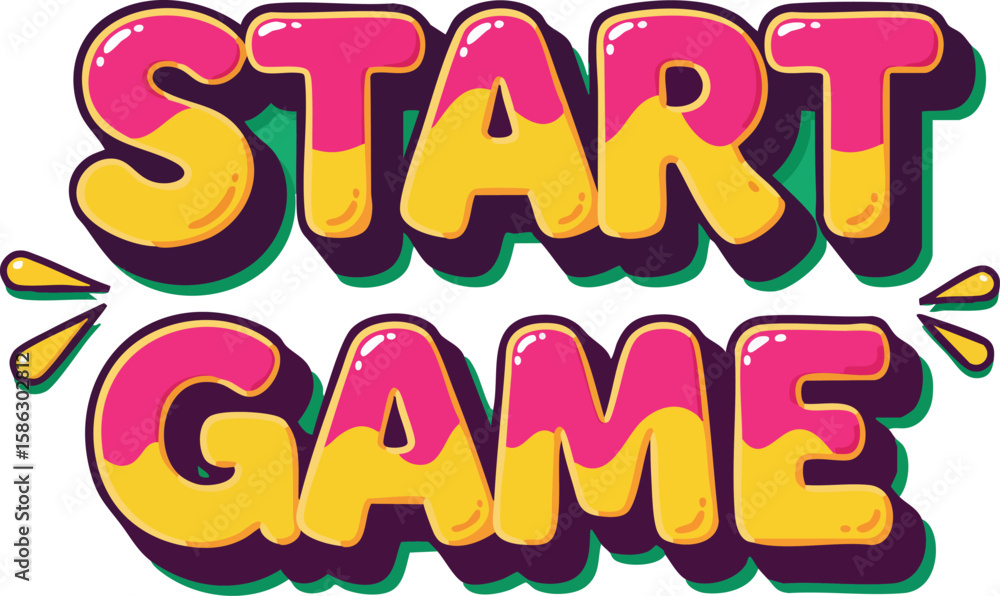 Fototapete Start Game colorful text design with pink and yellow 3D style for gaming interface and playful digital entertainment 