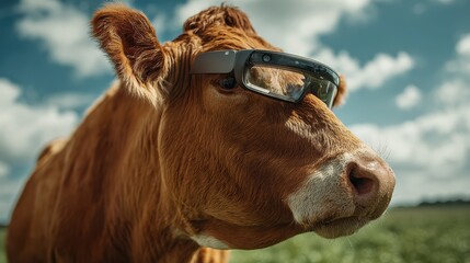 Brown cow wearing augmented reality glasses analyzing data in a sunny green field, innovative technology in agriculture
