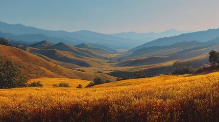 Obraz premium Expansive turmeric fields stretch into the horizon under golden sunlight with rolling hills
