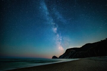 Midnight summer beach landscape with stunning milky way galaxy overhead Generative AI