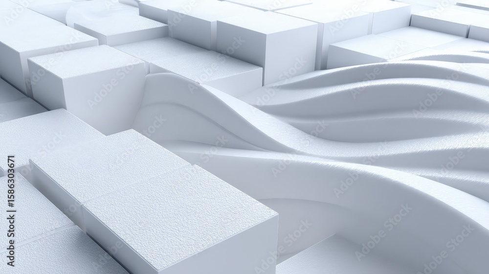 Poster abstract 3d white geometric shapes with a combination of textured cubes and smooth, flowing wave-lik
