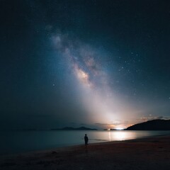Midnight summer beach landscape with a stunning Milky Way above the horizon Generative AI