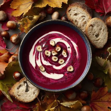 Beetroot soup with cashew cream swirl and hazelnuts, surrounded by autumn leaves
