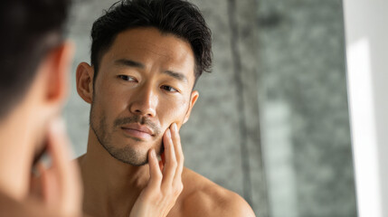 Asian man engaging in grooming and skincare routine in bathroom