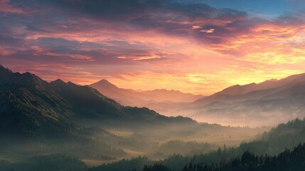 Fototapeta premium Landscape background with sunrise over misty mountains. Dramatic sky, rolling hills and serene nature scene at twilight.