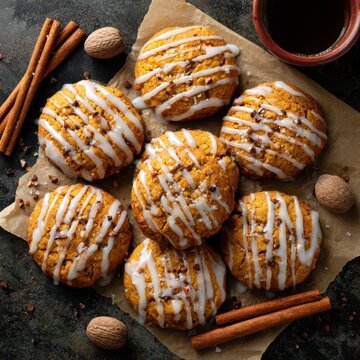 Pumpkin cookies drizzled with glaze, surrounded by cinnamon sticks and nutmeg
