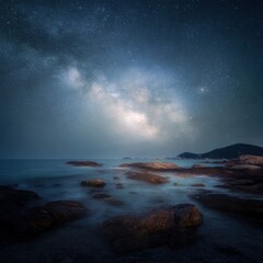 Summer beach landscape under midnight sky with stunning Milky Way view Generative AI