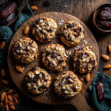 Vegan cookies with chopped dates and almond slivers on wooden board