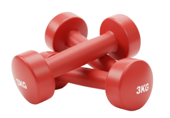 Two red vinyl dumbbells with ergonomic handles and circular weight plates, positioned diagonally on a plain transparent background from a slightly high angle with soft lighting and no shadows,