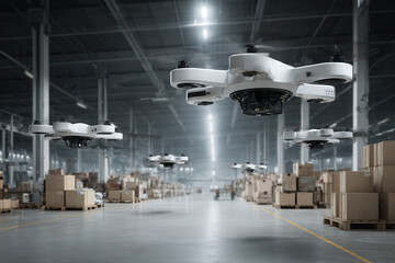 modern logistics warehouse filled with advanced drones and robots working seamlessly together