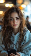 A young woman with long brown hair sits in a cafe, holding a smartphone.  She looks directly at the camera