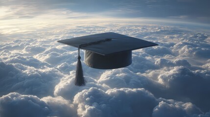 A graduation cap floats serenely above fluffy clouds symbolizing dreams and achievements.