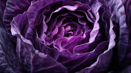 Obraz premium Closeup of vibrant purple cabbage texture showing intricate swirling patterns and layers against a dark background for a striking visual contrast.
