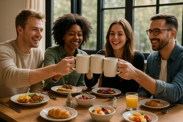 Four cheerful friends are toasting with mugs while enjoying a delicious brunch together at a wooden table, celebrating friendship and good times