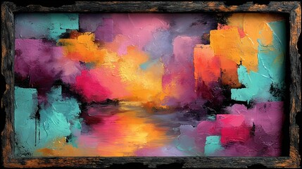   A painting within a painting of a river in the center of another painting of a river in the middle of yet another painting of a river