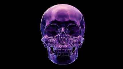 A purple three dimensional skull icon on black background