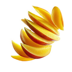 Mango slices arranged in mid-air fan shape - isolated white background 