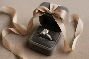 Stunning diamond ring displayed in a luxurious velvet box, adorned with a satin ribbon, perfect for engagements or special occasions