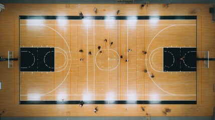drone-view overhead of basketball players running drills in gym symmetrical line patterns visible