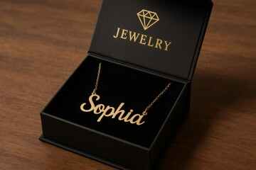 Gold necklace with personalized name design elegantly presented in a luxurious black jewelry box on a wooden surface, perfect for gifting