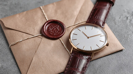 Minimalist wristwatch beside wrapped birthday envelope with wax seal, elegant male celebration, transparent background
