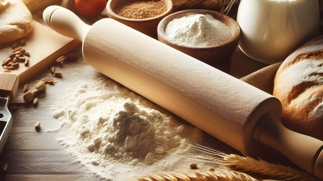 Rolling pin and flour and Wheat and bread and ingredients on a wooden table under the light of the sun