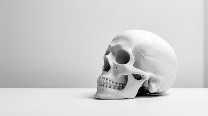 Obraz premium Minimalist skull design, stark white backdrop, contemporary art piece, striking visual contrast, modern aesthetic appeal, intriguing focal point.