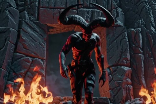 A dark, ominous scene featuring a horned figure emerging from a stone archway. Flames flicker at the base, casting eerie shadows on the rocky walls.