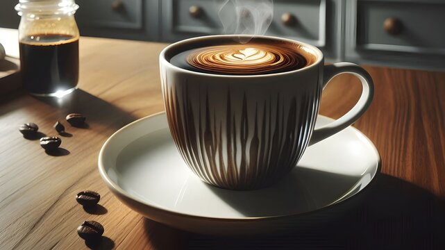 Dark brown coffee with a creamy sauce on a wooden table in a simple abstract background which sunlight fills the kitchen